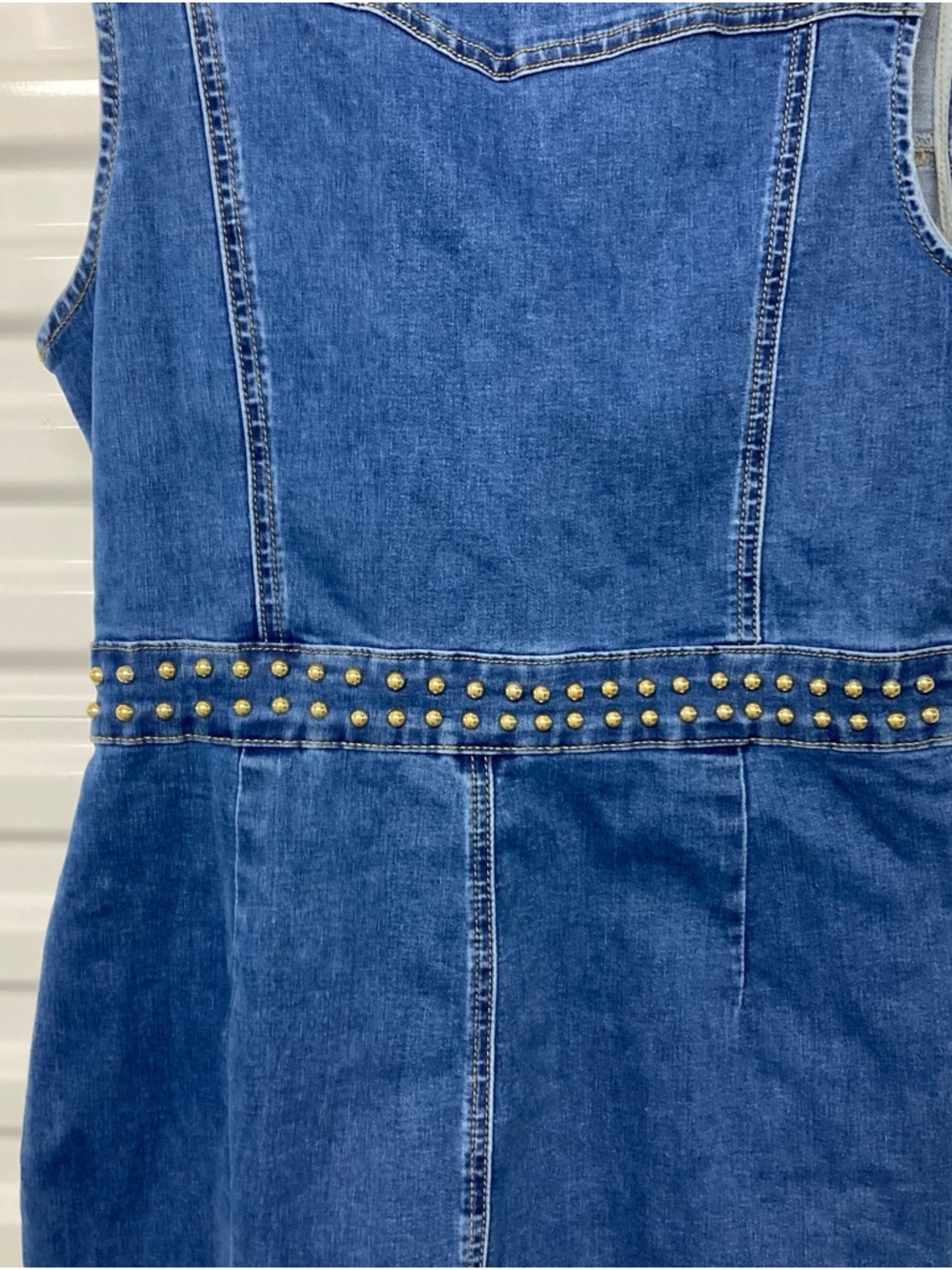 Dark Blue Denim Sleeveless Mini Dress with Fringe and Stud Waist - Picture 11 of 12